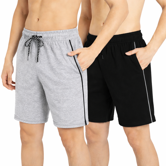 Pack of 2 Men’s Summer Shorts | Grey &amp; Black | Soft Hosiery Fabric | Comfortable Casual Shorts with Pockets | Perfect for Home, Gym &amp; Daily Wear